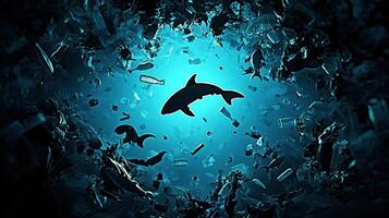 dark ocean scene with sharks swimming through plastic waste photo