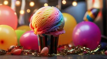 vibrant scoop of rainbow sherbet ice cream in cup photo