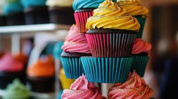A tower of cupcakes with colorful frosting photo