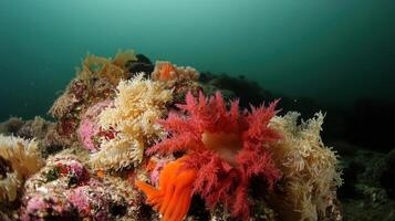 Vibrant coral reef with colorful marine life in murky waters photo