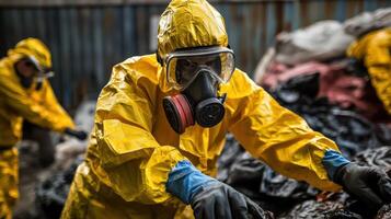 Hazardous waste disposal workers in protective gear photo