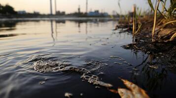 Contaminated water with bubbles near industrial area photo