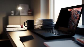 well lit office desk with laptop, coffee mug, and papers photo