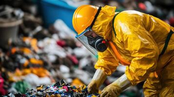 worker in protective gear sorting waste materials photo