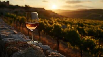 A glass of wine on a stone wall at sunset photo
