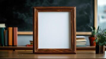 A blank white frame on a wooden table in front of a blackboard photo