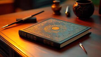 vintage journal with ornate cover on wooden desk photo