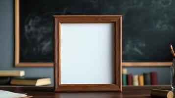A blank white frame on a desk in front of a blackboard photo