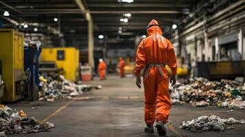 worker in orange suit walks through waste facility photo