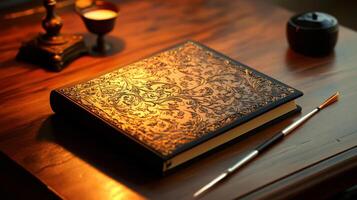 vintage journal with ornate cover on wooden table photo