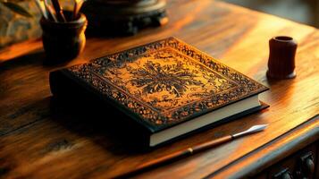 vintage style journal with ornate cover on desk photo