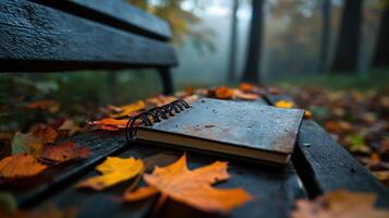Autumn notebook on a bench in the woods photo