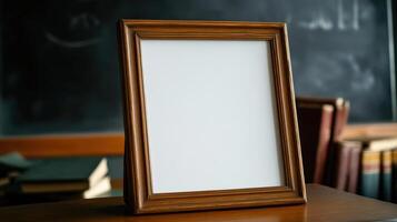 A blank picture frame on a desk in front of a blackboard photo