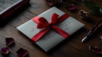 A red ribbon wrapped around a gift and pen photo