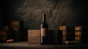 vintage wine bottle with aged label on rustic background photo