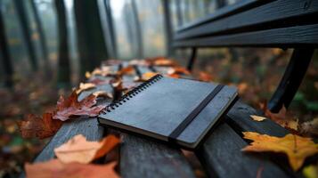 Autumn notebook on a bench in the woods photo