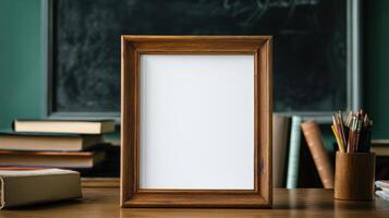 Blank white frame on wooden desk with blackboard in the background photo