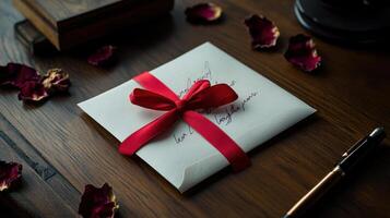 A red ribbon tied to a white envelope on a wooden table with a pen and a book photo