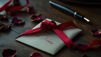 vintage love letter tied with red ribbon and petals photo