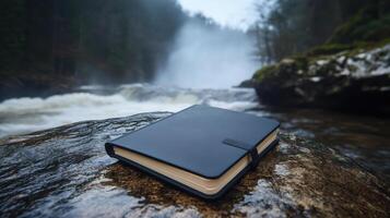 A notebook on a rock near a waterfall photo