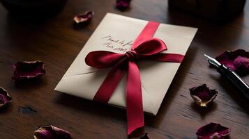 A red ribbon tied around a book and pen photo