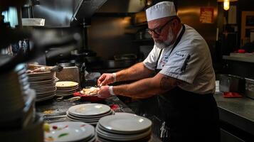 chef preparing dish in busy kitchen, focused and skilled photo