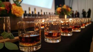 A long table with glasses of whiskey and flowers photo