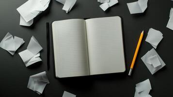 Open notebook with paper and pencil on black background photo