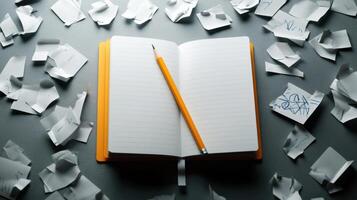 A notebook with a pencil and sticky notes on a grey background photo
