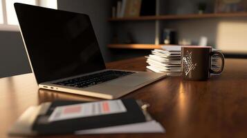 well lit office desk with laptop, coffee mug, and documents photo