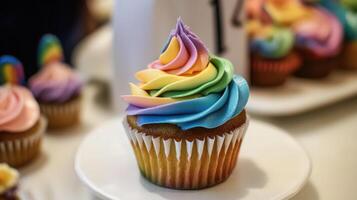 colorful cupcake with rainbow frosting on plate photo