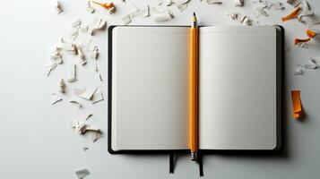 blank notebook with pencil and shavings around it photo