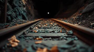 Abandoned railway tracks lead into dark tunnel, eerie atmosphere photo