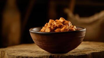 Delicious chicken curry in rustic bowl on wooden table photo