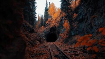 Abandoned mine with rusted tracks and autumn foliage photo