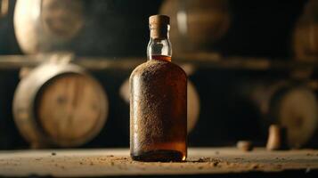 Aged whiskey bottle covered in dust, resting on wooden table photo