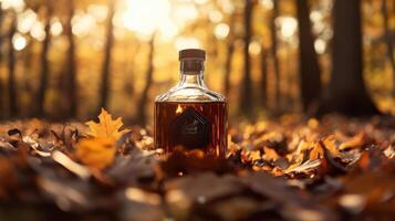 A bottle of whiskey sits in the middle of leaves photo