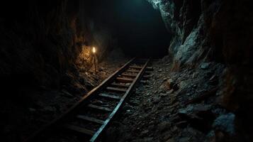 Abandoned mine with rusted tracks and dim lighting photo