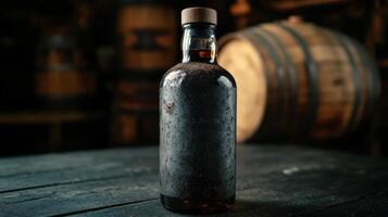 Aged whiskey bottle with dust on it, evoking nostalgia photo