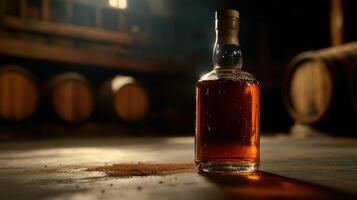 A bottle of whiskey sits on a table in front of barrels photo