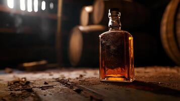 A bottle of whiskey sits on a wooden floor photo