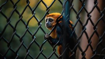 stressed monkey behind fence in zoo environment photo