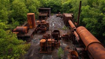 Abandoned industrial site with rusted machinery and greenery photo