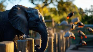 Elephant in zoo with birds in background at sunset photo