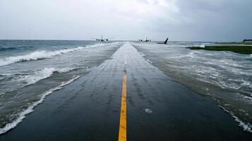 flooded airport runway surrounded by seawater and aircraft photo