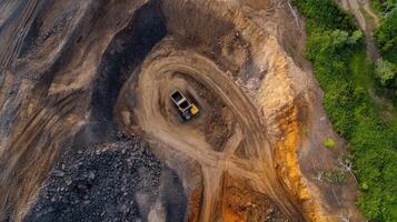 Aerial view of mining site with heavy machinery and earthworks photo