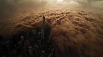 massive dust storm engulfing city skyline creates dramatic scene photo