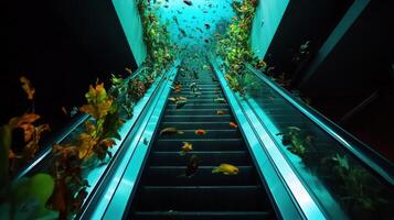 escalator surrounded by aquatic plants and colorful fish photo