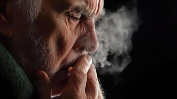 Elderly man coughing heavily due to air pollution effects photo