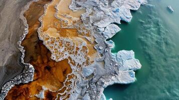 Melting ice floes reveal contrasting colors in water and land photo